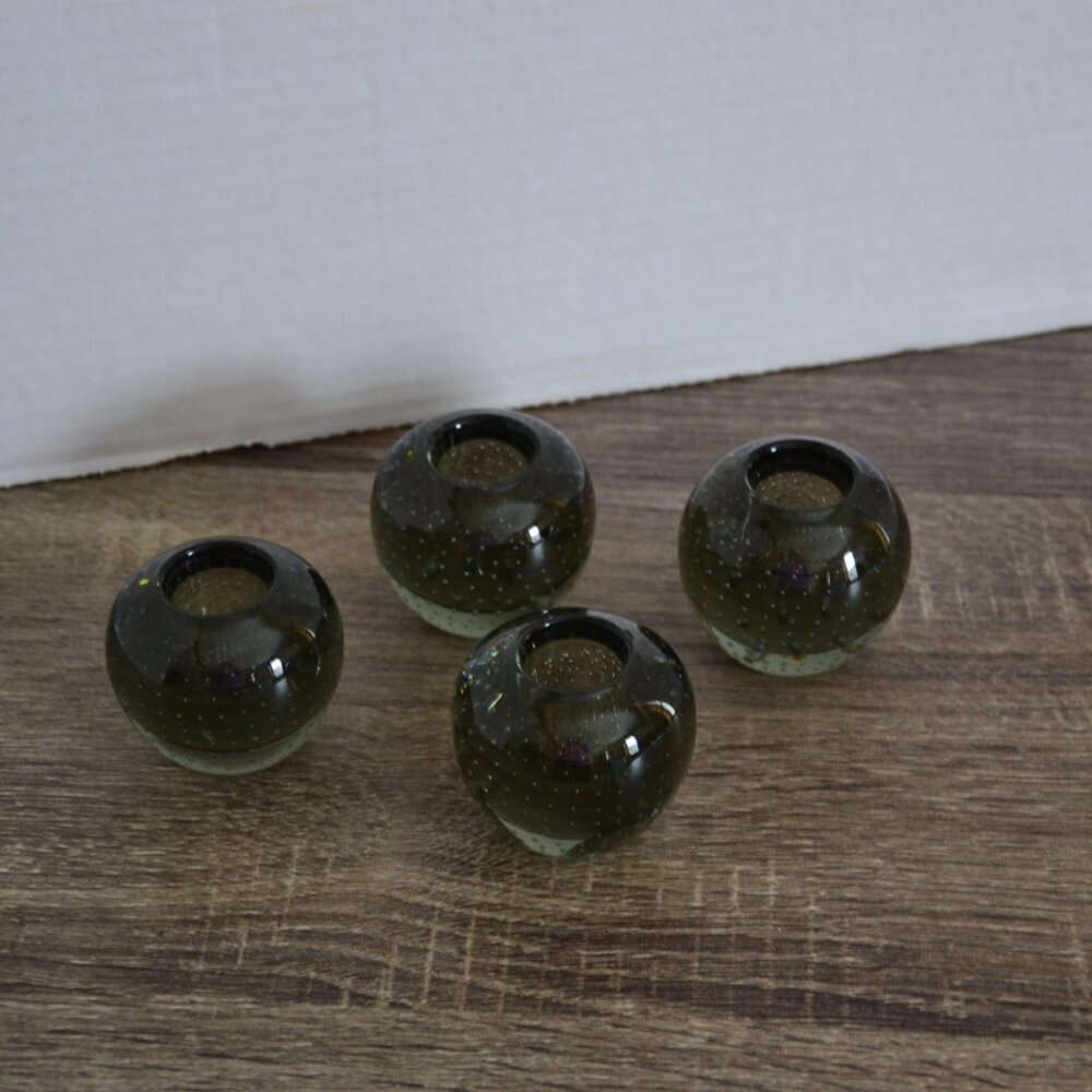 Vtg Smokey Glass Candle Holders With Controlled Bubbles